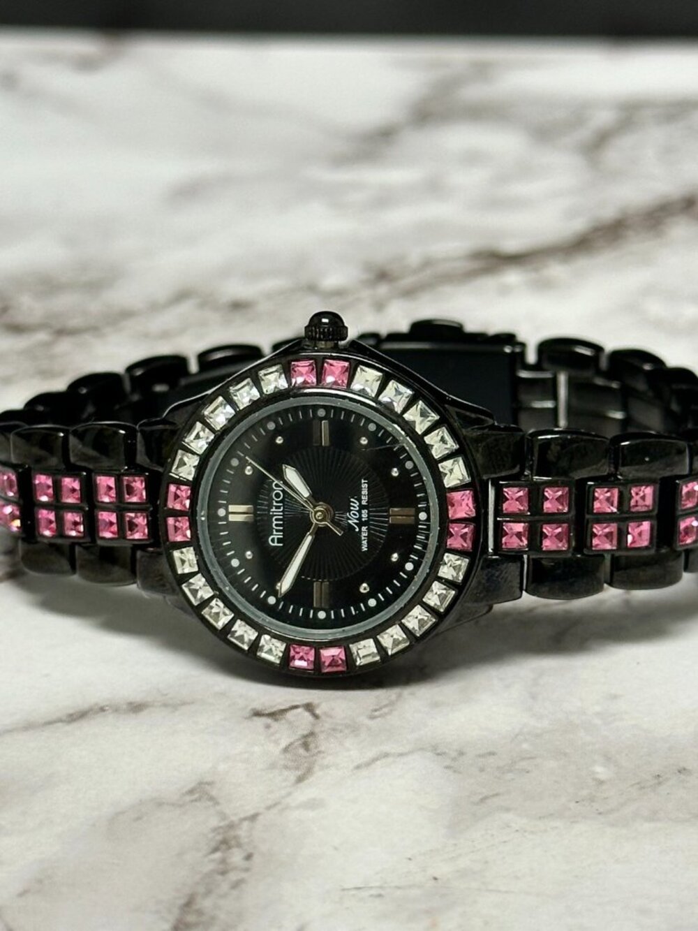Armitron Watch Women Black Dial Pink Clear Crystal Bezel New Battery 6.5 Inch - Picture 3 of 10